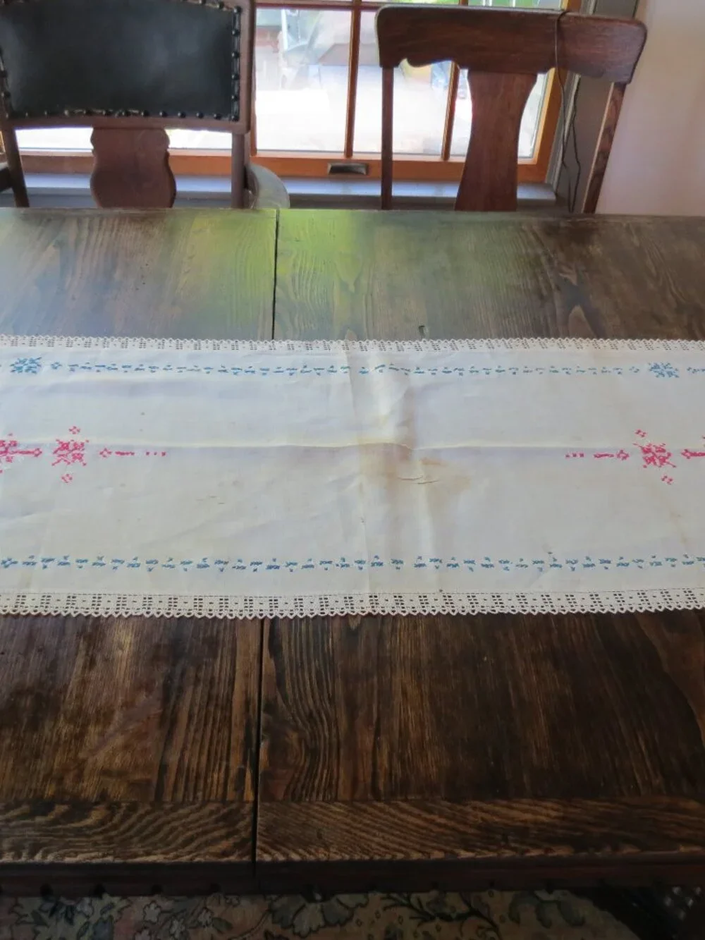 Dragon Bird Vintage Needlepoint Table Runner Linen 46x16.5